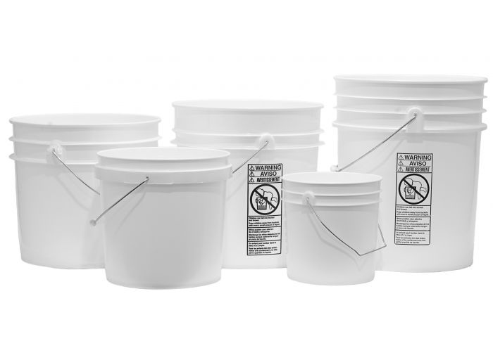 Five sizes of white buckets with handles.